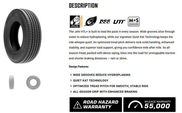 LT245/75R16 COSMO JEFE HTL+ BW 10PLY 55K+ROAD HAZARD
