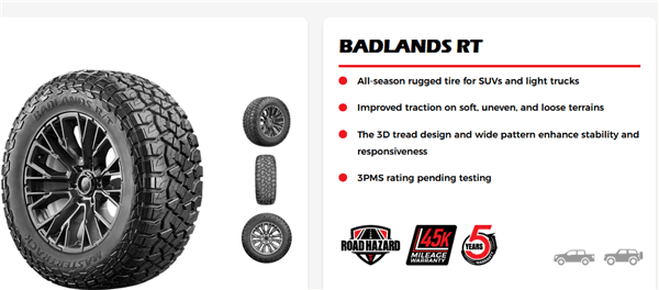 LT275/70R18 MASTERTRACK BADLANDS R/T 125/122Q 10PLY 45K + ROAD HAZARD 1