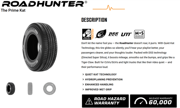 265/70R16 COSMO ROAD HUNTER 112H M+S 560A-A 60K + ROAD HAZARD thumbnail 1