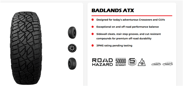 235/60R18 MASTERTRACK BADLANDS ATX 107H XL 620A-B 50K+ ROAD HAZARD thumbnail 1